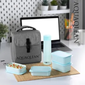 AQUAQLEAN Exquisite Lunch Box with Bag, 4 Food Grade Plastic Containers   1 Water Bottle, Light Weight | Microwave Safe | Easy to Carry | Leak Proof I (Grey)