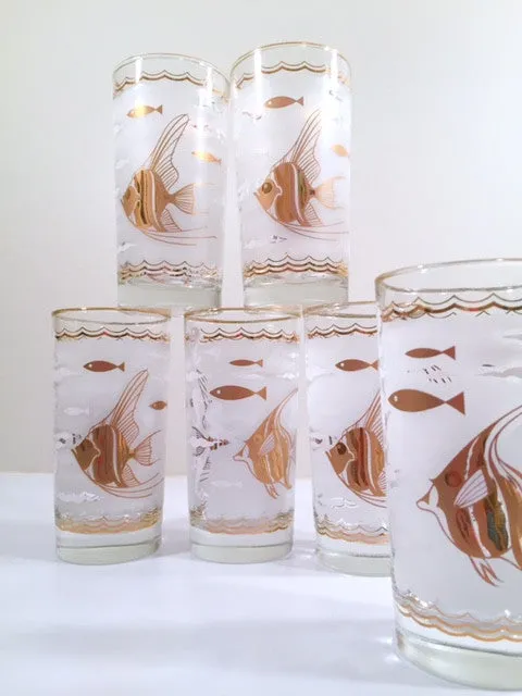 Libbey - Mid-Century White & 22-Karat Gold Angel Fish & Seahorse Glasses (Set of 6)