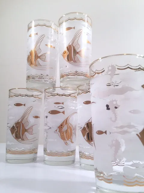 Libbey - Mid-Century White & 22-Karat Gold Angel Fish & Seahorse Glasses (Set of 6)