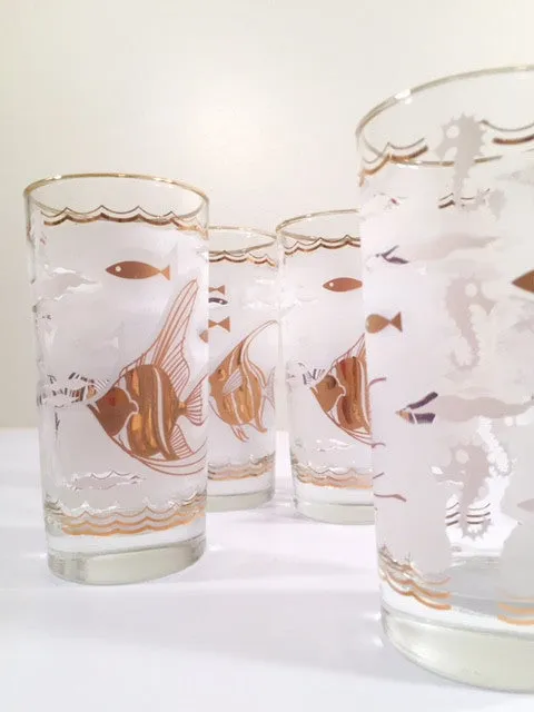 Libbey - Mid-Century White & 22-Karat Gold Angel Fish & Seahorse Glasses (Set of 6)