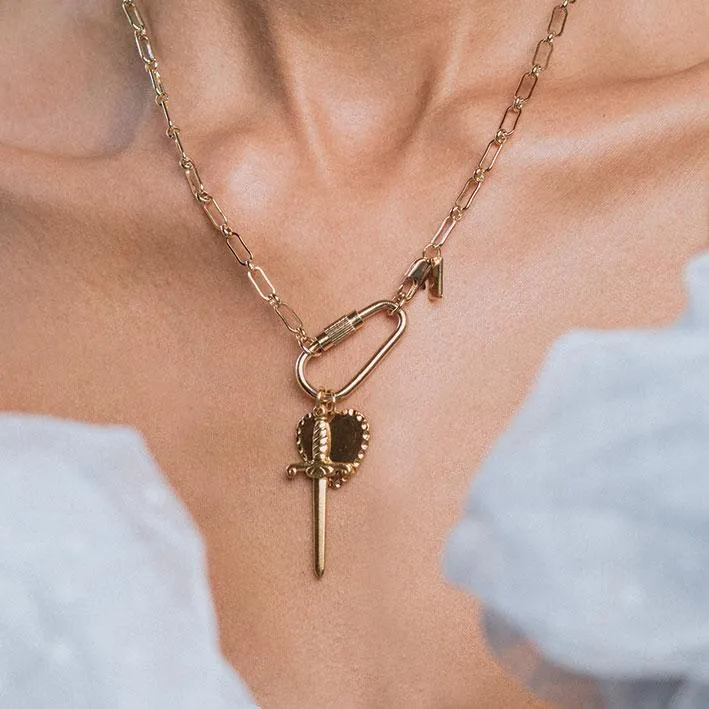 TORMENT. Heart & Dagger Carabiner Charm Necklace - Gold